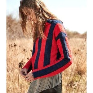 Blank NYC Red & Navy Striped Loose Fit Fuzzy Knit Sweater sz XS